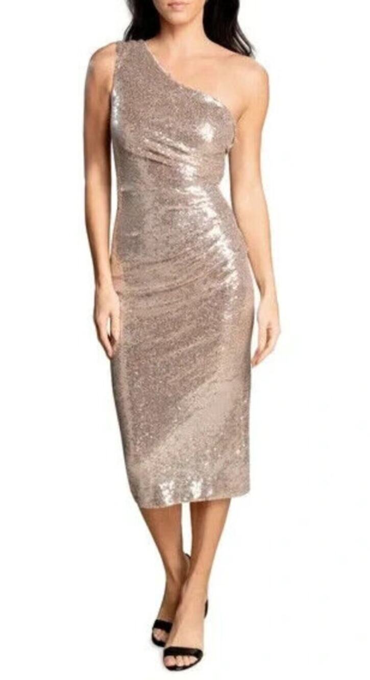 DRESS THE POPULATION Martine One-Shoulder Sequin Dress Large Nude Gold NWOT